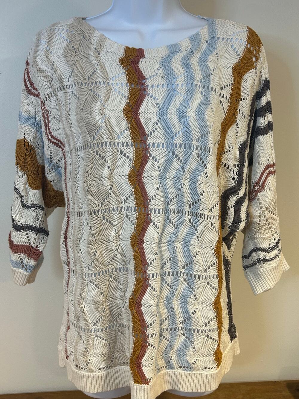Garnet Hill Sz S Striped Pointelle Sweater Linen Organic Cotton Stripes Rust Bro